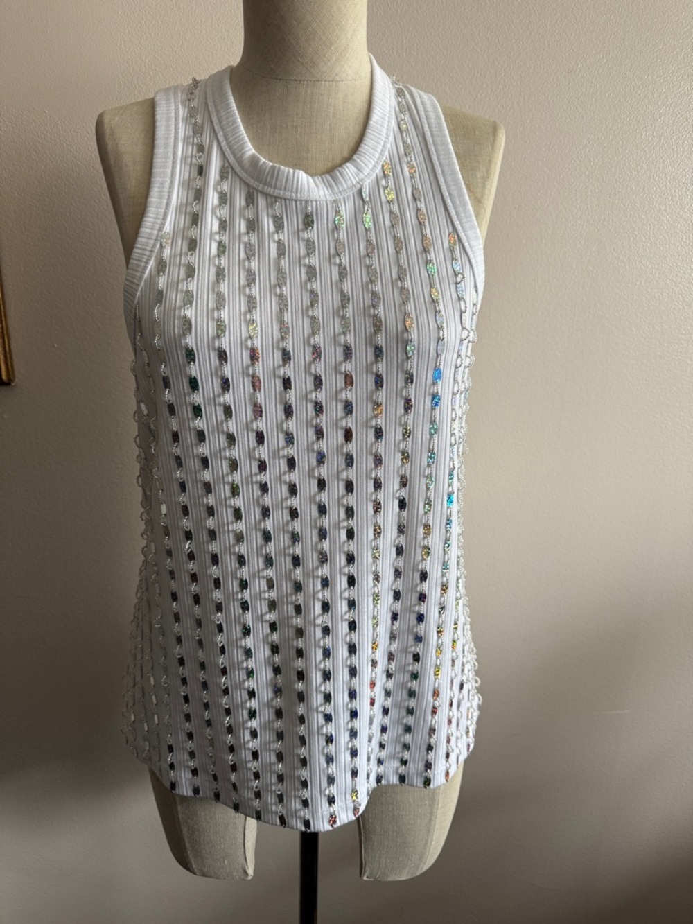 Ganni White Ribbed beaded and sequence tank - Picture 2 of 5